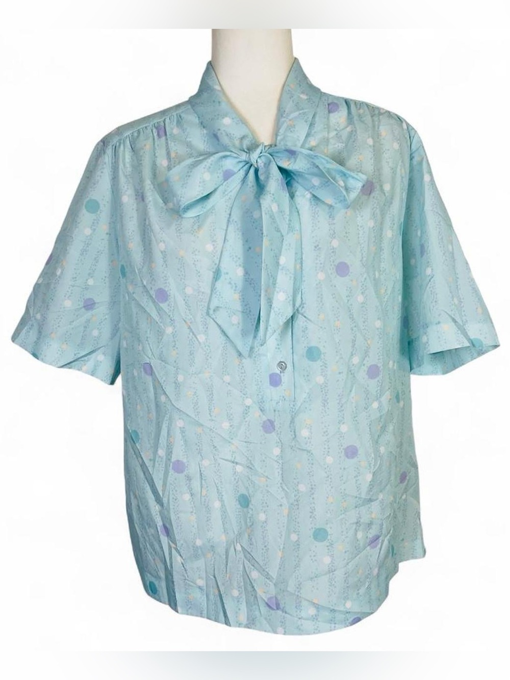 Vintage 70s 80s Size 40 Medium 10 Women;s Bow Tie Neck Shirt Blouse Light Blue